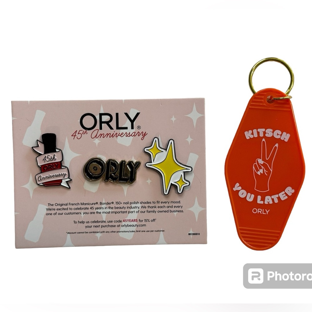 3 NEW ORLY 45th anniversary pins & Kitsch You Later keychain